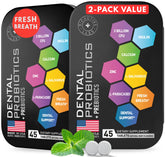 Dental Probiotics bottle beside a travel tin on a mint background