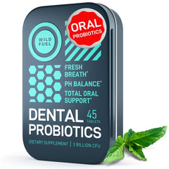 Travel tin of dental probiotics tablets