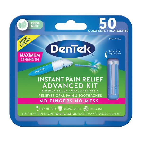 Boxed DenTek pain relief kit and four-pack configuration displayed
