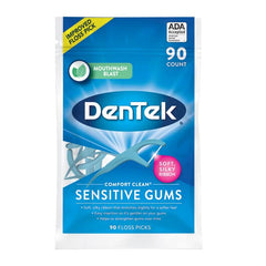 Close-up view of soft, silky ribbon floss on DenTek floss picks