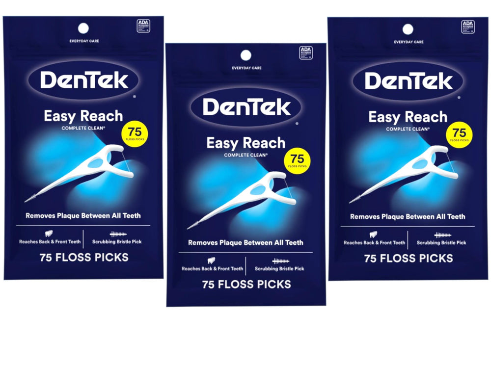 Person using DenTek floss picks for oral hygiene with a smile