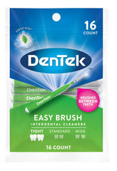 Sixteen-count DenTek Easy Brush Interdental Cleaners pack in a 6-pack