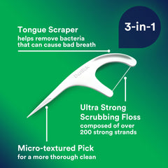 Textured pick deep cleans between teeth and stimulates gums