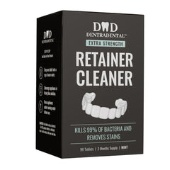 Front view of DENTRA DENTAL Cleaning Tablets packaging for a 96-count supply.