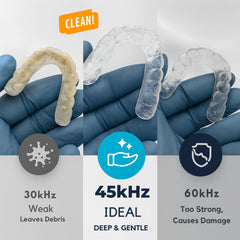 Retainer being cleaned in DENTRA ultrasonic cleaner