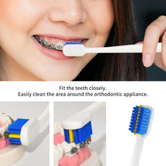 Blue and white packaging of DENTSHIELD orthodontic toothbrush 4 pack