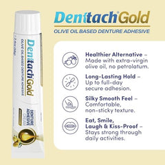 Full dentures secured with Denttach Gold
