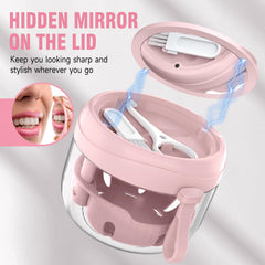 Denture picker and dual-head cleaning brush included with case