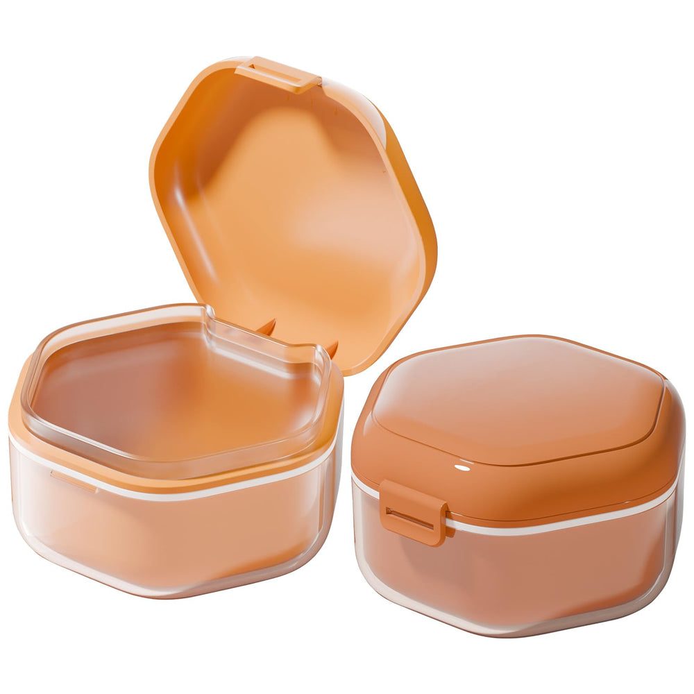 Front view of the orange denture bath box with rounded hexagonal seal