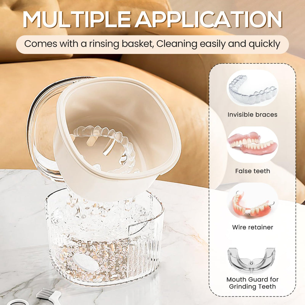 Denture bath case and retainer case placed on bathroom counter