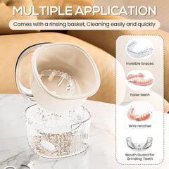 Denture bath case and retainer case placed on bathroom counter
