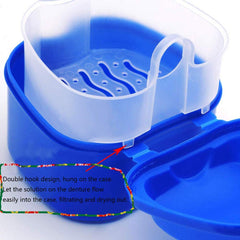 Open denture bath case displaying lid and basket