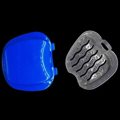 Packaging and contents showing two denture bath cases (blue and green)