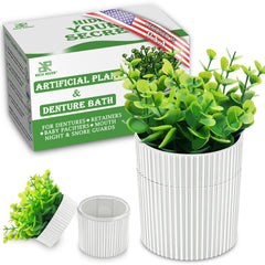 Denture bath in the shape of artificial eucalyptus plant in a pot