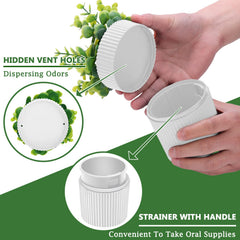 Close-up of the artificial eucalyptus pot denture case