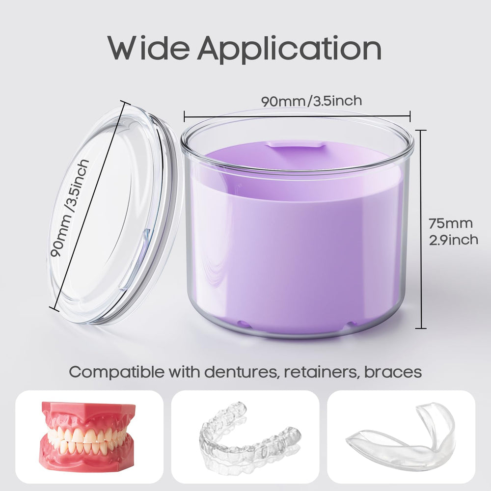 Open purple denture case showing interior compartments
