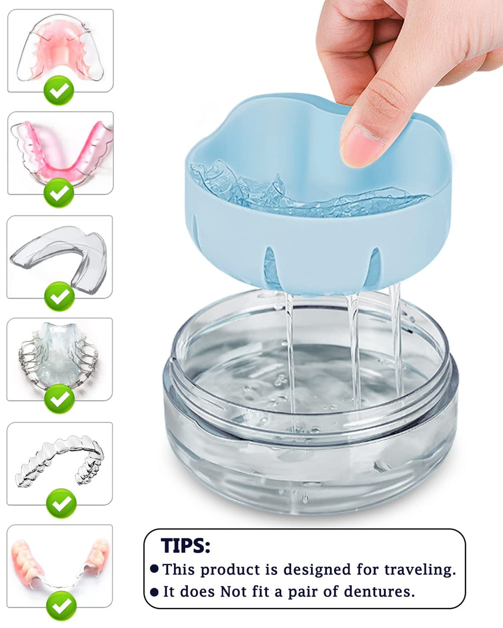 Transparent body showing interior space for dentures, retainers, and mouth guards