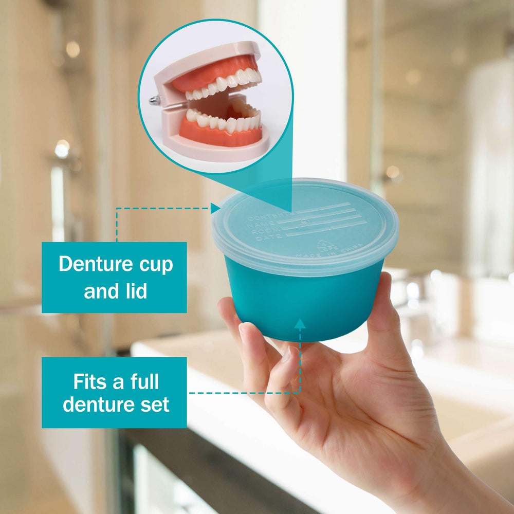Denture cup with lid securely closed for storage