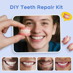 Denture kit contents showing top and bottom teeth