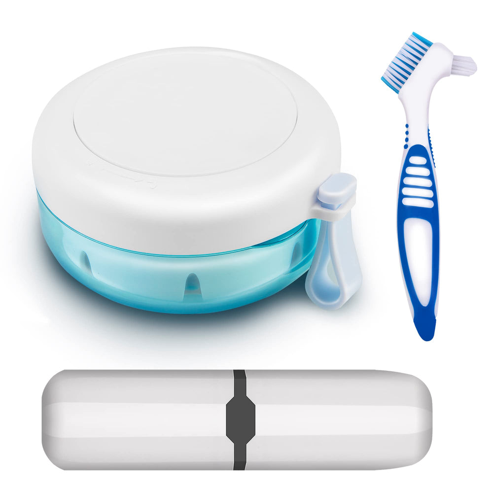 Closed denture travel case showing compact design
