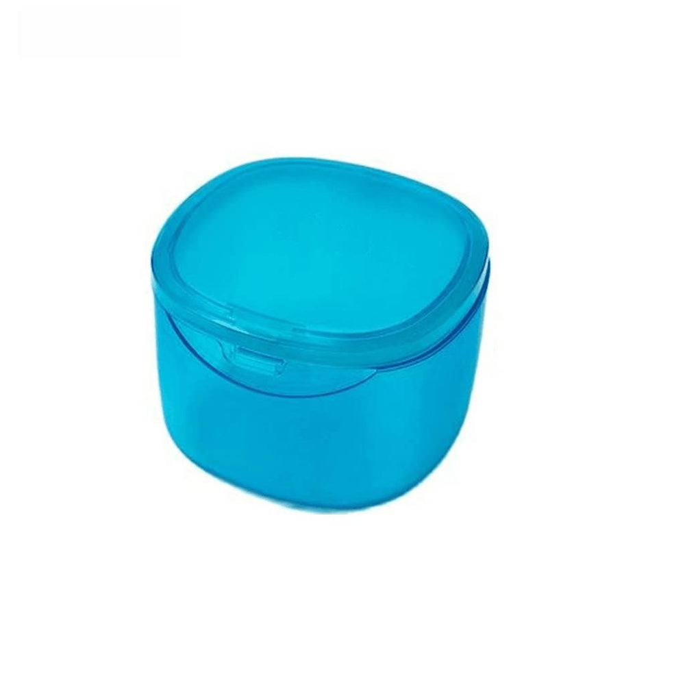 Blue denture case with lid closed