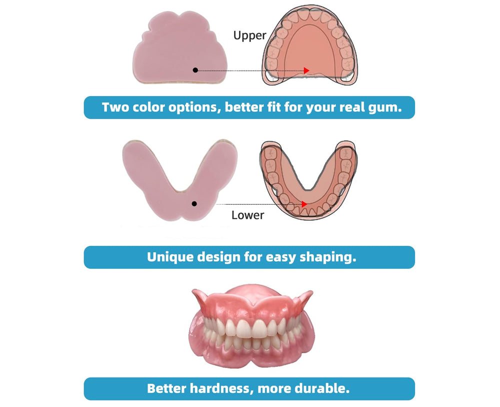 Durable gum materials in light red and dark red with upper and lower pieces