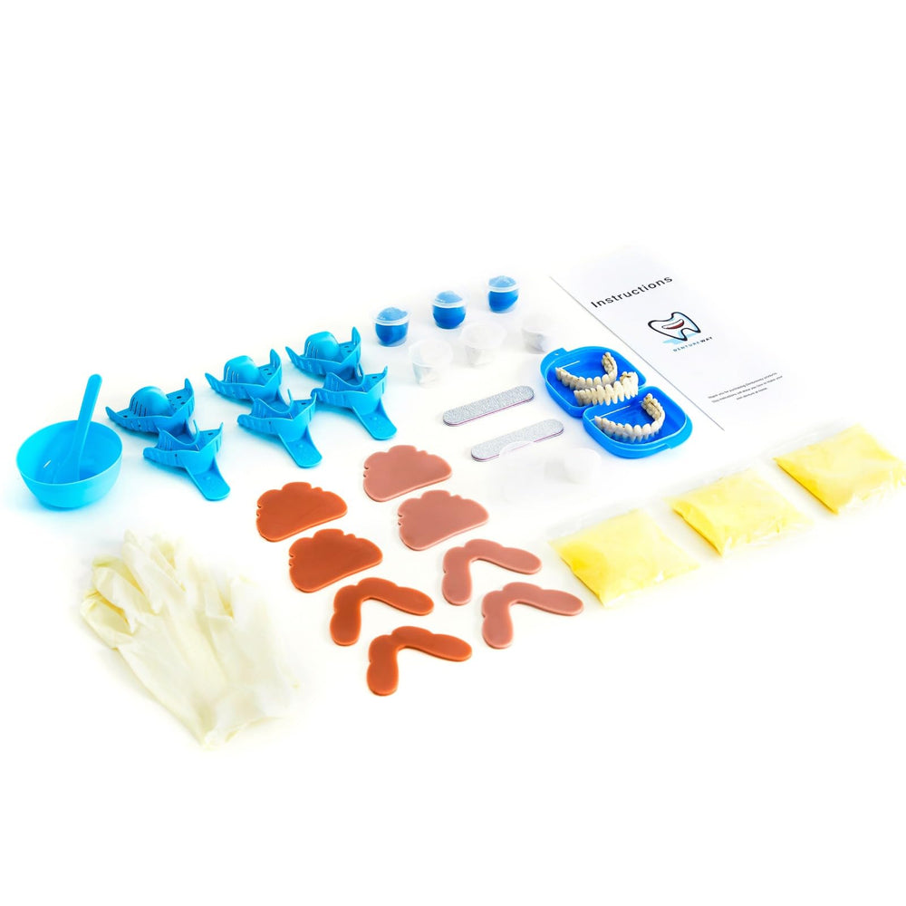 Dentureway DIY kit packaging and components laid out
