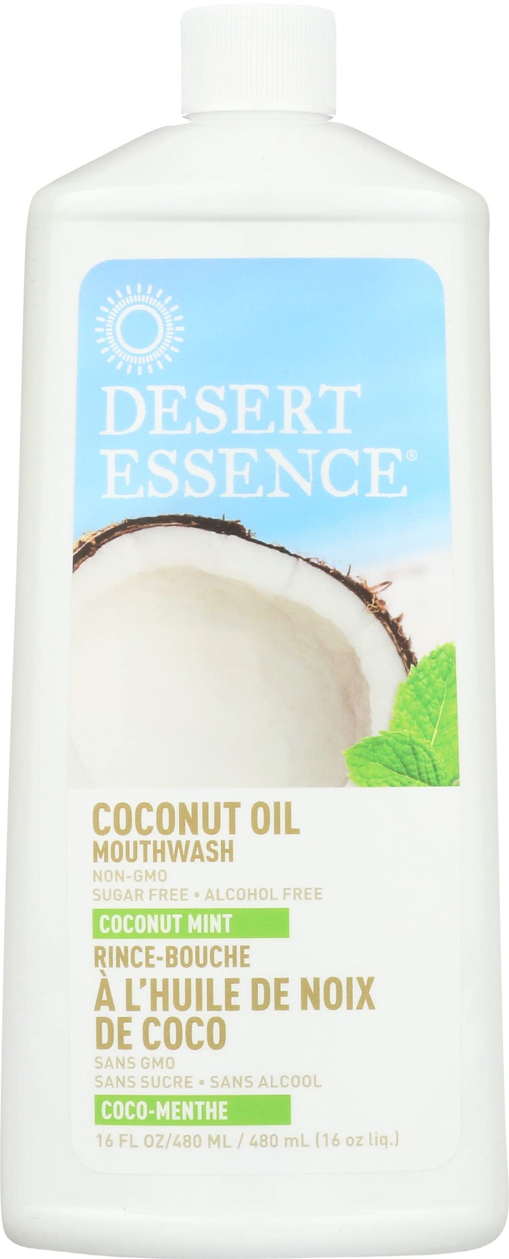 Desert Essence Coconut Oil Mouthwash bottle with tea tree oil label
