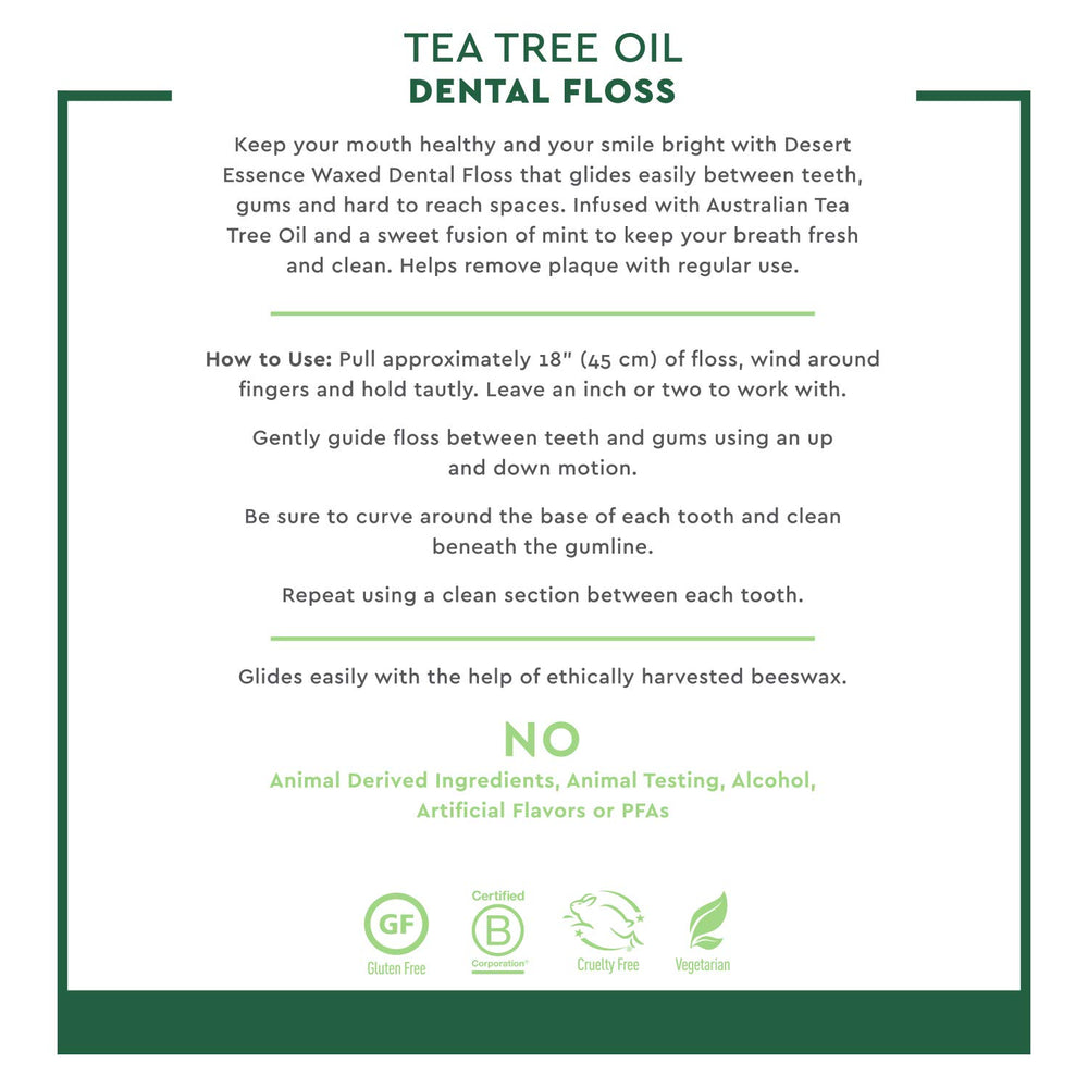 Tea tree oil mint scented dental floss label