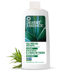 Product label showing Desert Essence Tea Tree Oil Mouthwash 16 oz pack of 6