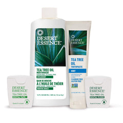 Desert Essence logo with toothpaste product on counter