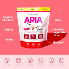 Designer Wellness Aria prebiotic fiber and probiotics visual suggests digestive wellness benefits.