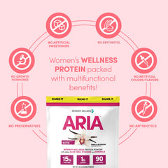 Designer Wellness Aria nutrition label features calcium, vitamin D, folate for bone health.