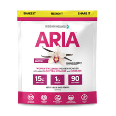 Designer Wellness Aria vanilla blossom protein bottle shows low-calorie women's nutrition.