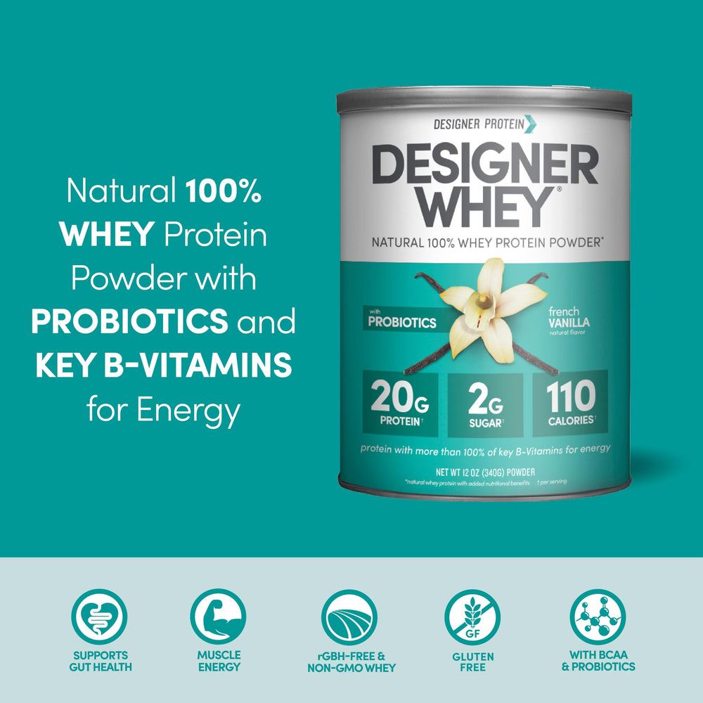 Designer Whey nutrition facts label highlights 110 calories and gluten-free status.