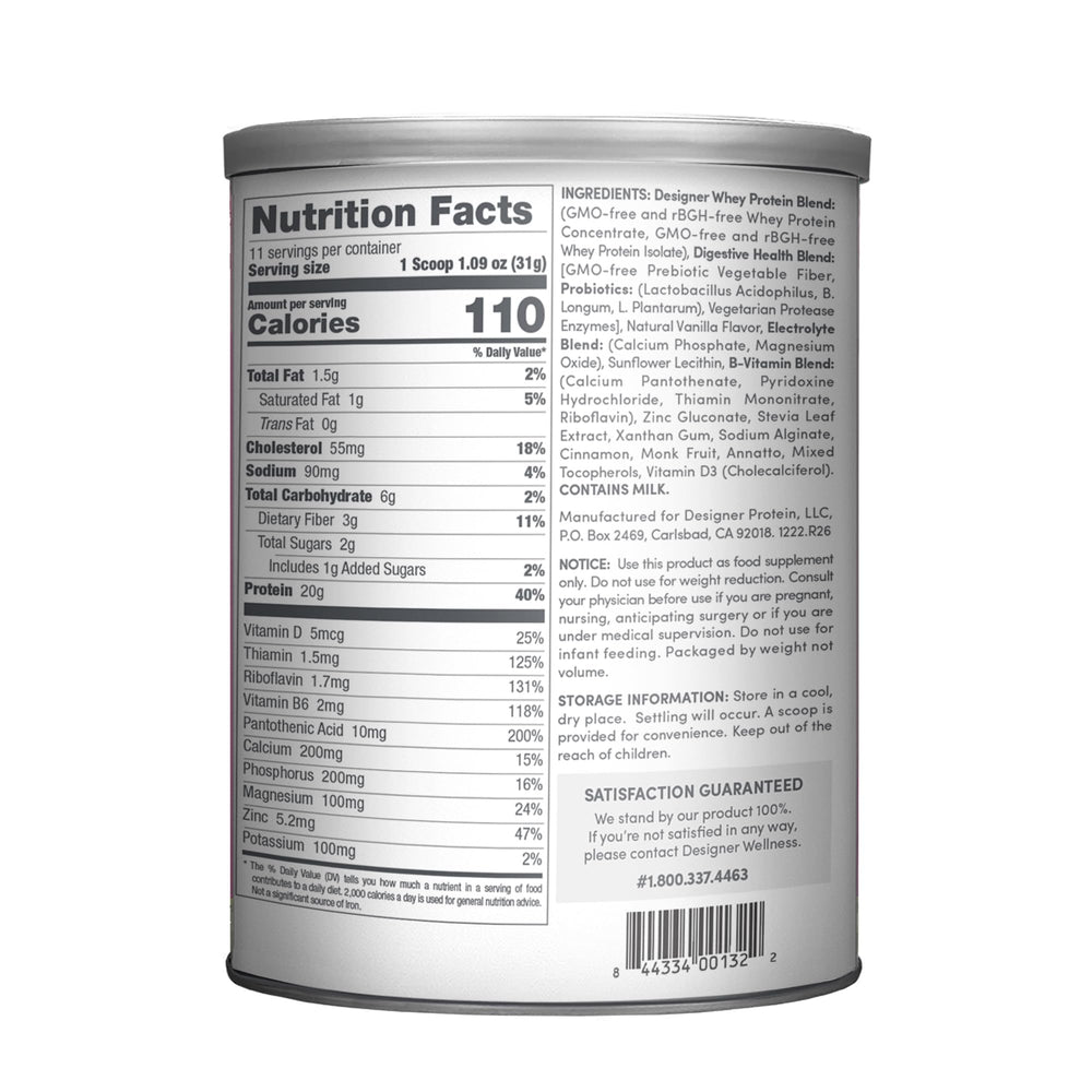 Designer Whey vanilla scoop dissolves easily for a convenient energy-boosting shake.