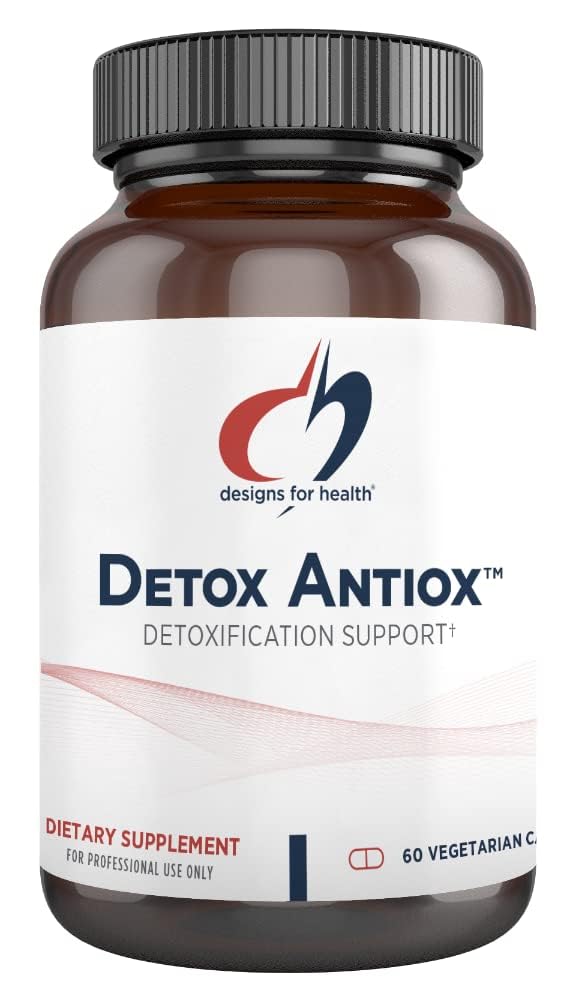 Designs for Health Detox Antiox bottle front highlighting antioxidant support