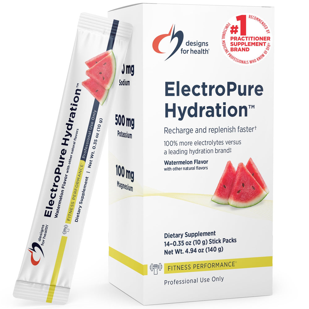 Designs for Health ElectroPure hydration packet on table, portable hydration on the go.
