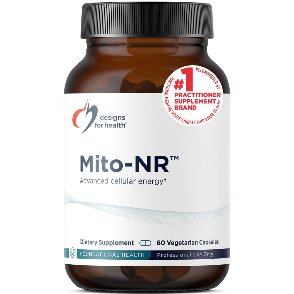 Designs for Health Mito-NR bottle label highlights Niagen for cellular energy support.