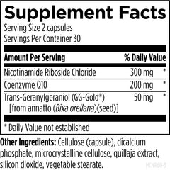 Designs for Health Mito-NR Niagen 300mg closeup notes NAD-building block for potential cellular energy.