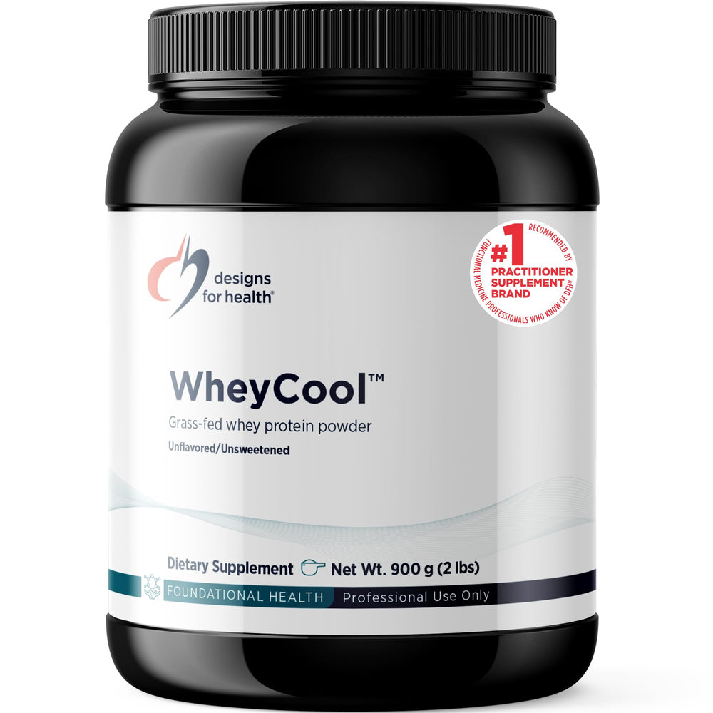 Designs for Health WheyCool tub front view highlights grass-fed whey protein for post-workout recovery.