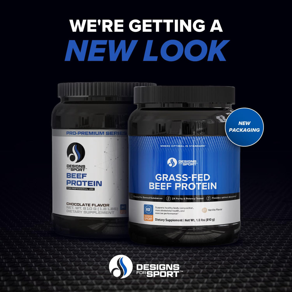 Designs for Sport beef protein powder chocolate tub close-up for post-workout flavor