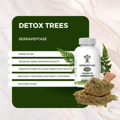 Pack shot showing Detox Trees Serrapeptase packaging and ingredients