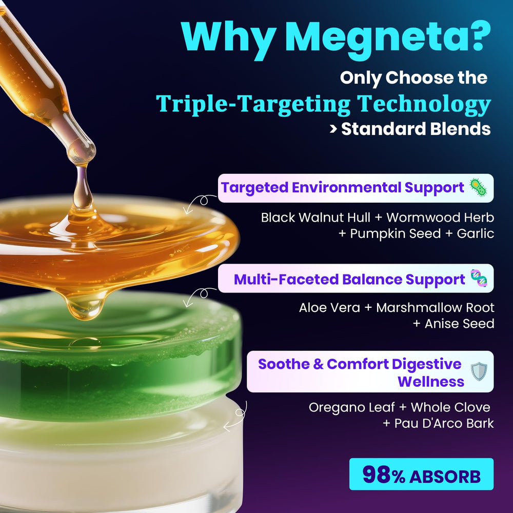 Graphic showing triple-action detox ingredients: pumpkin seed, clove, oregano