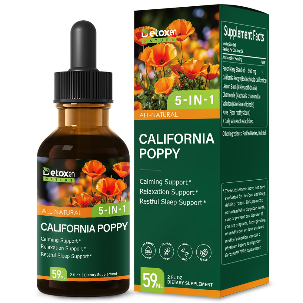 Bottle of DetoxenNATURE California Poppy Extract Liquid tincture, 2 oz