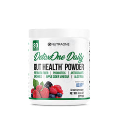 DetoxOne Daily Gut Health Powder bottle and scooper on white background