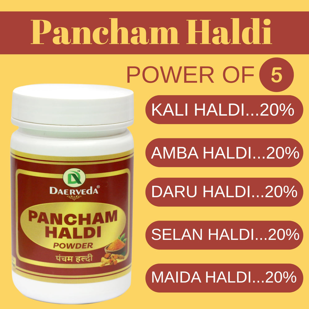 Dev Ayurveda Pancham Haldi Powder packaging and label