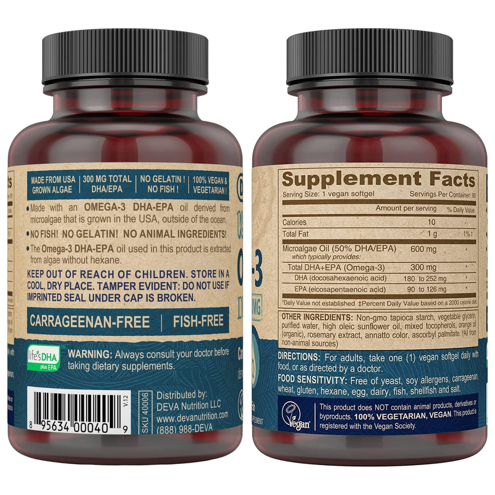 Close-up of DEVA vegan DHA-EPA softgels 300 mg
