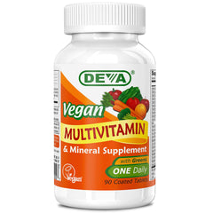 Front view of Deva Vegan Multivitamin bottle with 90 coated tablets