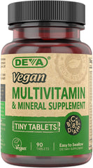 Close-up of DEVA vegan multivitamin tiny tablets